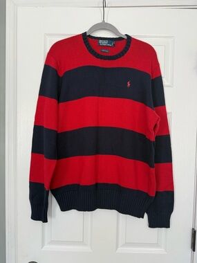 Ralph Lauren Red & Navy Wide-Stripe Crewneck Sweater- 100% cotton-large